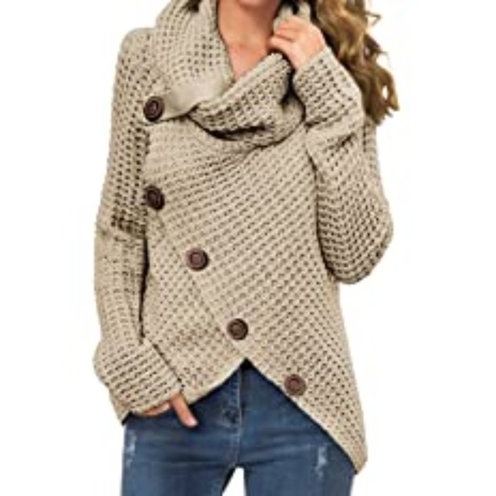 GRECERELLE Women's Solid Color Chunky Button Pullover Sweater Turtle Cowl Neck A